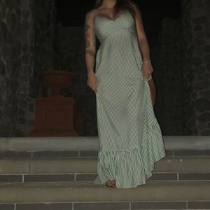 Green and white maxi dress